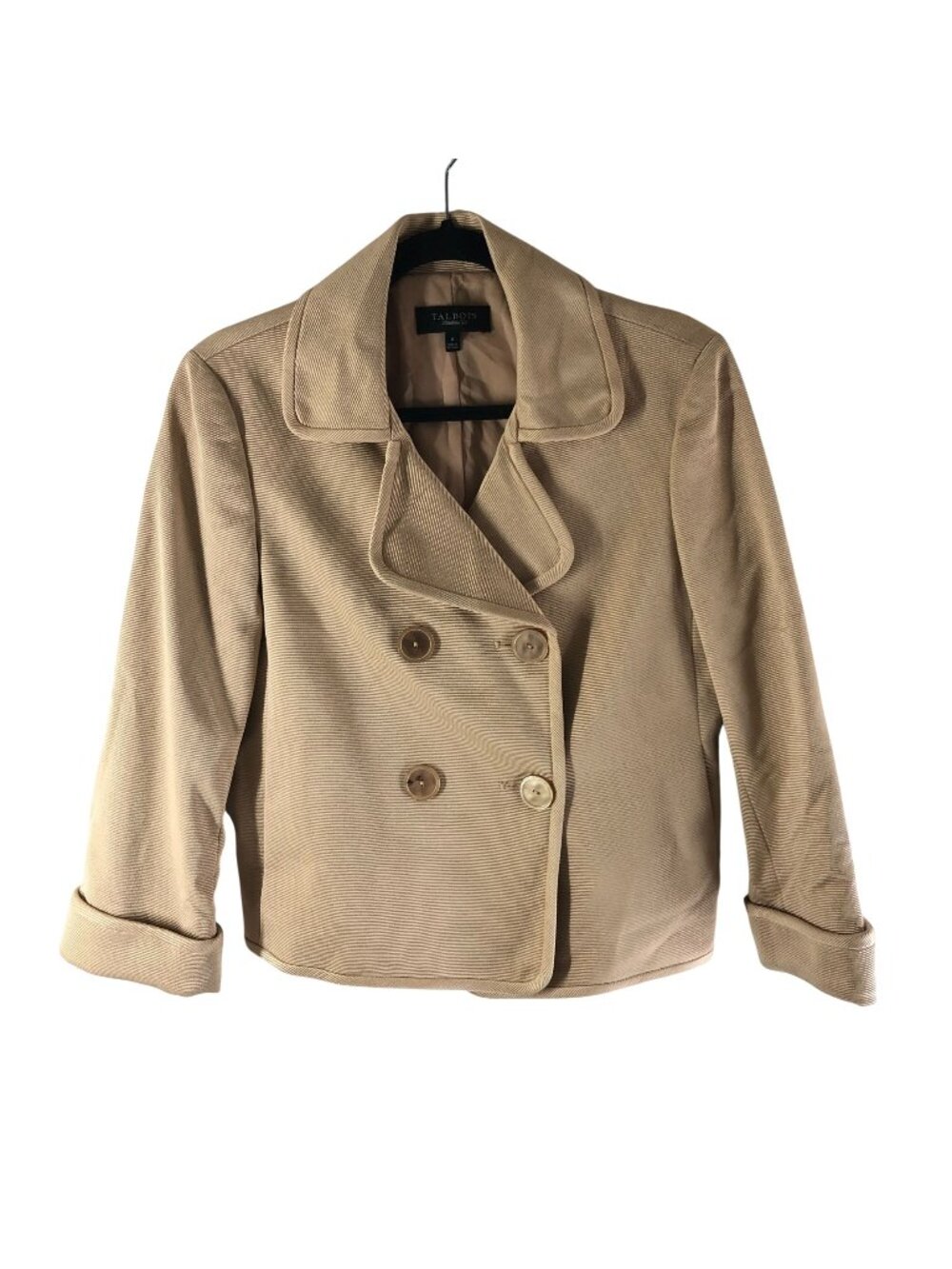 Talbots Womens Beige Double-Breasted Peacoat Jacket 8 Cotton Silk Blend Lined